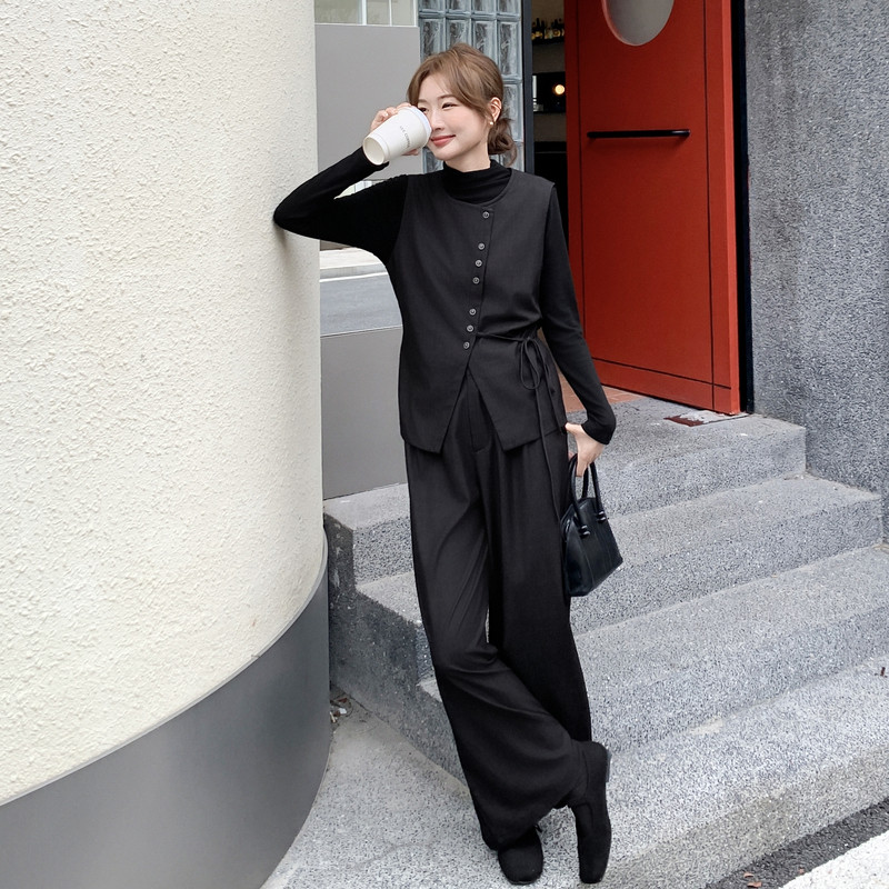 法式轻熟风黑色西装马甲三件套女2025秋季新款高级感打底衫阔腿裤,女装套装/套裙,2C203