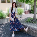 休闲t恤拼接吊带假两件蓝色趣味印花连体裤女夏2025洋气减龄短裤，女装连衣裙，2C206
