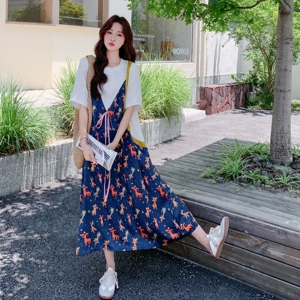 休闲t恤拼接吊带假两件蓝色趣味印花连体裤女夏2025洋气减龄短裤图片