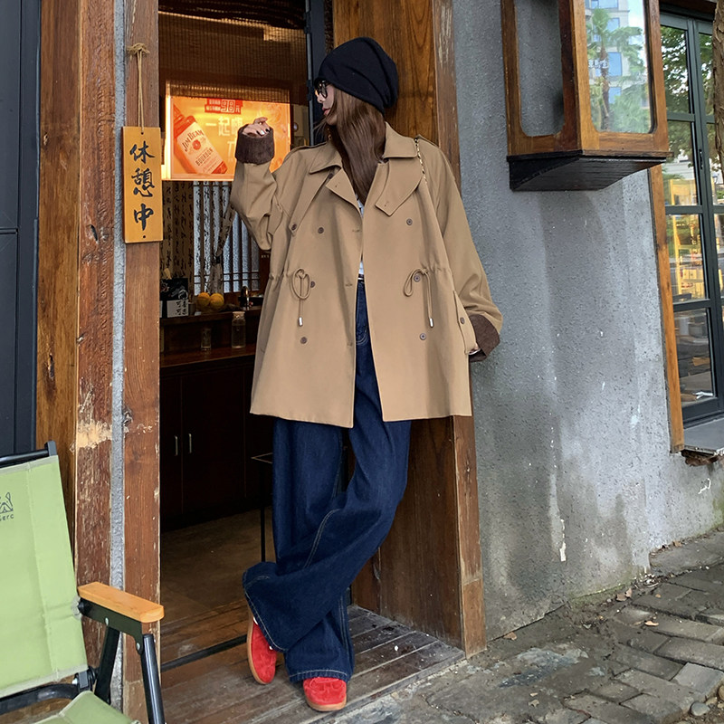复古英伦风撞色短风衣女2025春秋季新款韩版宽松收腰显瘦夹克外套,女装风衣,2C098
