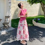 粉色少女感针织无袖背心套装裙女夏新款超仙绝美碎花半身裙两件套，女装套装/套裙，2C159