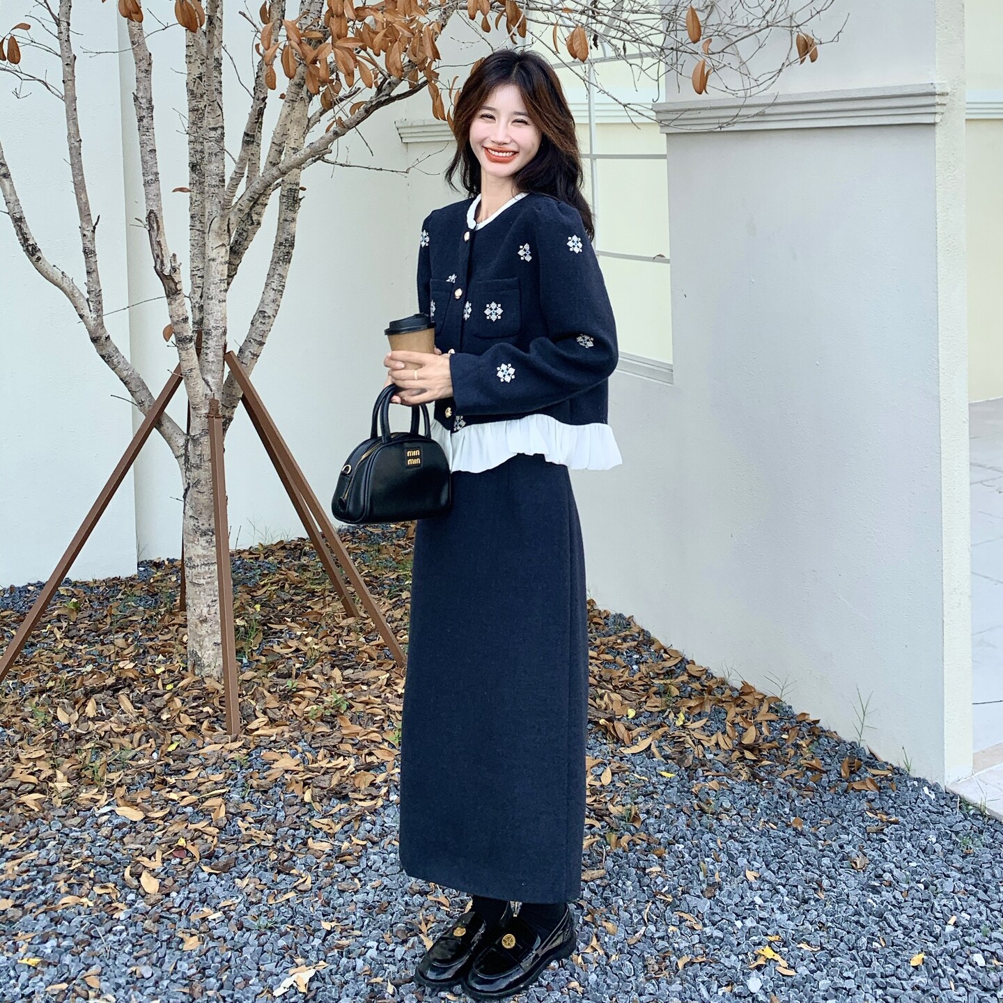 法式小香风刺绣花外套装裙女2026秋新款小个子高级感半身裙两件套图片