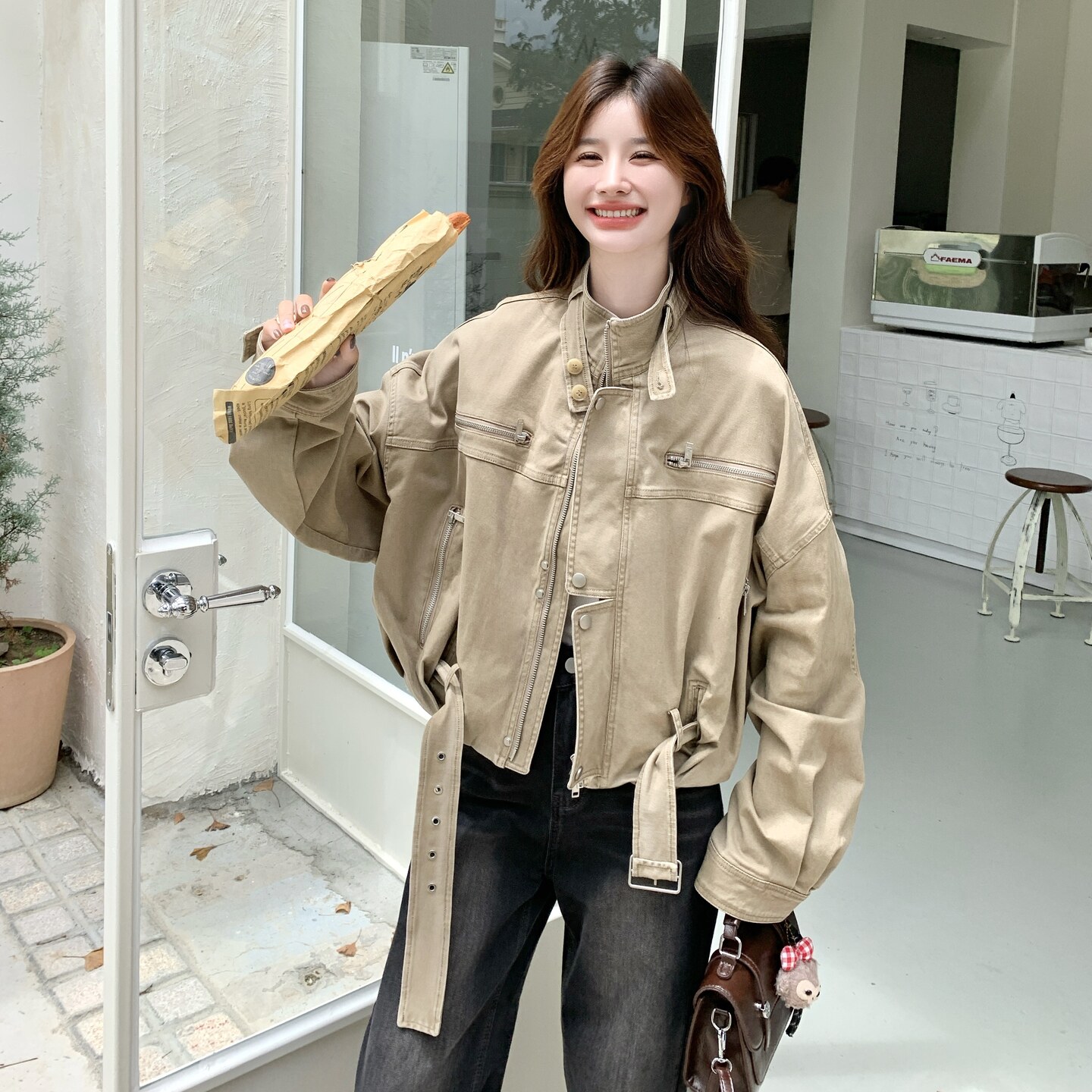 短款工装外套女2025新款宽松美式复古机车服夹克,女装短外套,2C012