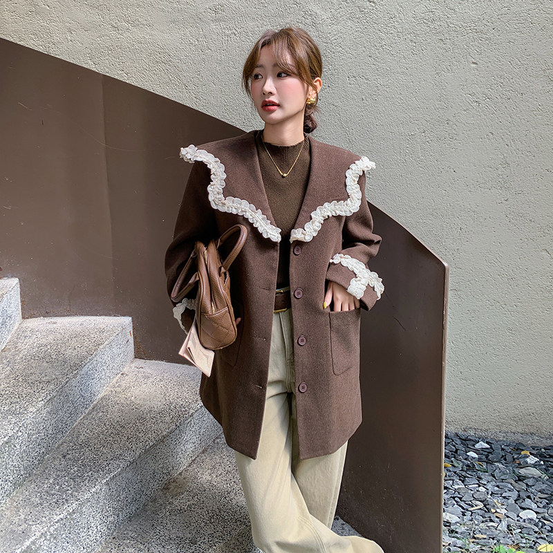 现货:2025年新款设计感拼色花边毛呢中长外套2C135-6852P195K288,女装毛呢外套,2C135
