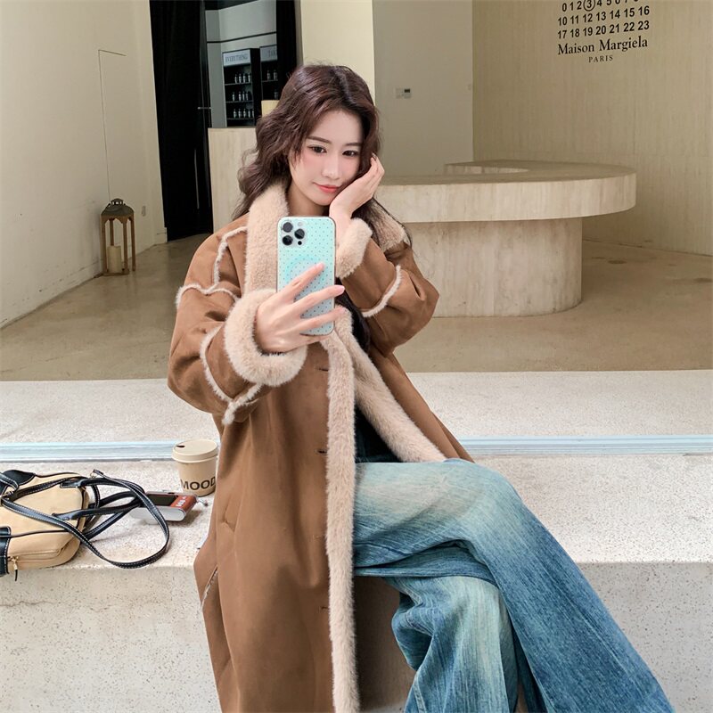 【新品】麂皮绒皮毛一体羊羔毛长款外套女5156-P225-K338,女装皮草,2C126