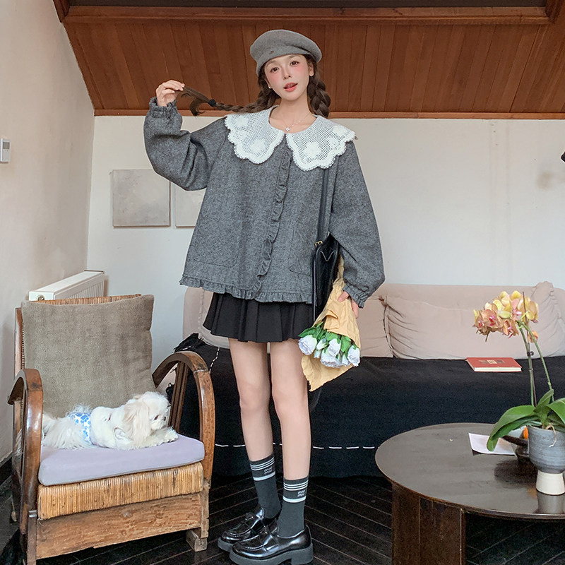 蕾丝花边娃娃领灰色短外套女春秋2025新款小个子高级感减龄森系,女装短外套,2C166