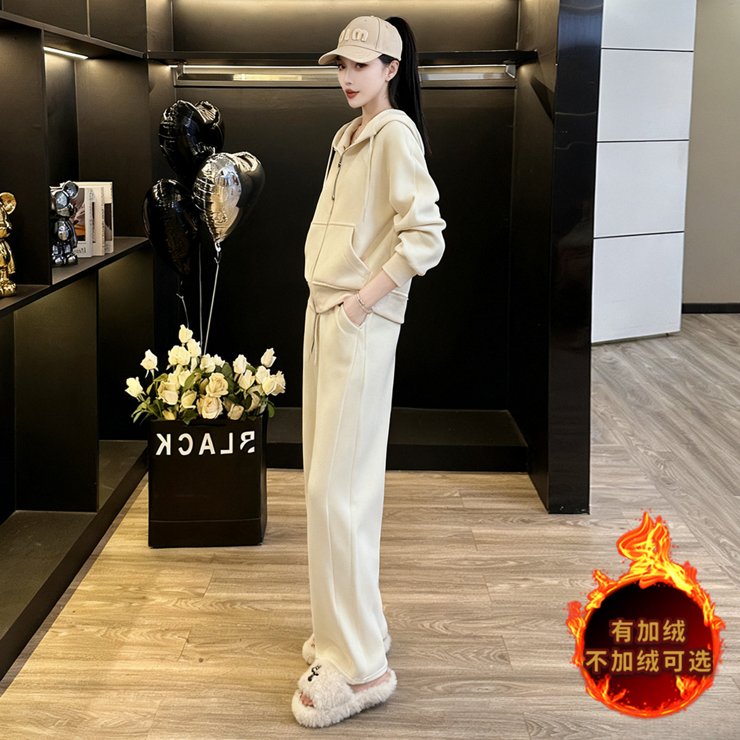 慵懒风运动装套装女冬加绒加厚新款休闲洋气减龄卫衣阔腿裤两件套,女装套装/套裙,2C310