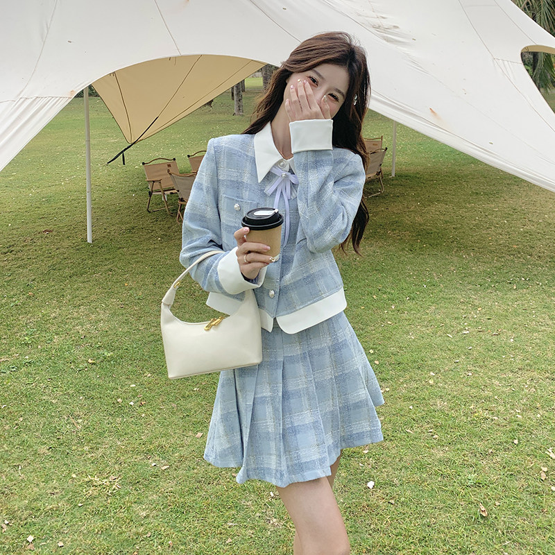 春秋穿搭2025新款小香风复古polo领拼接套裙半身裙套装女,女装套装/套裙,2C218