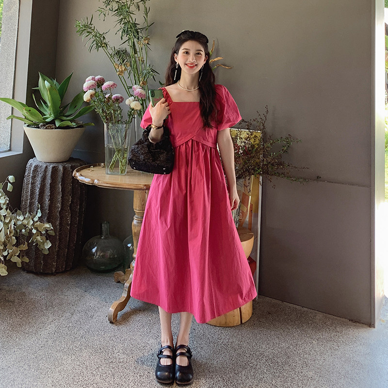 火龙果色方领泡泡袖连衣裙女夏2025新款茶歇法式甜美梨形身材长裙,女装连衣裙,2C112