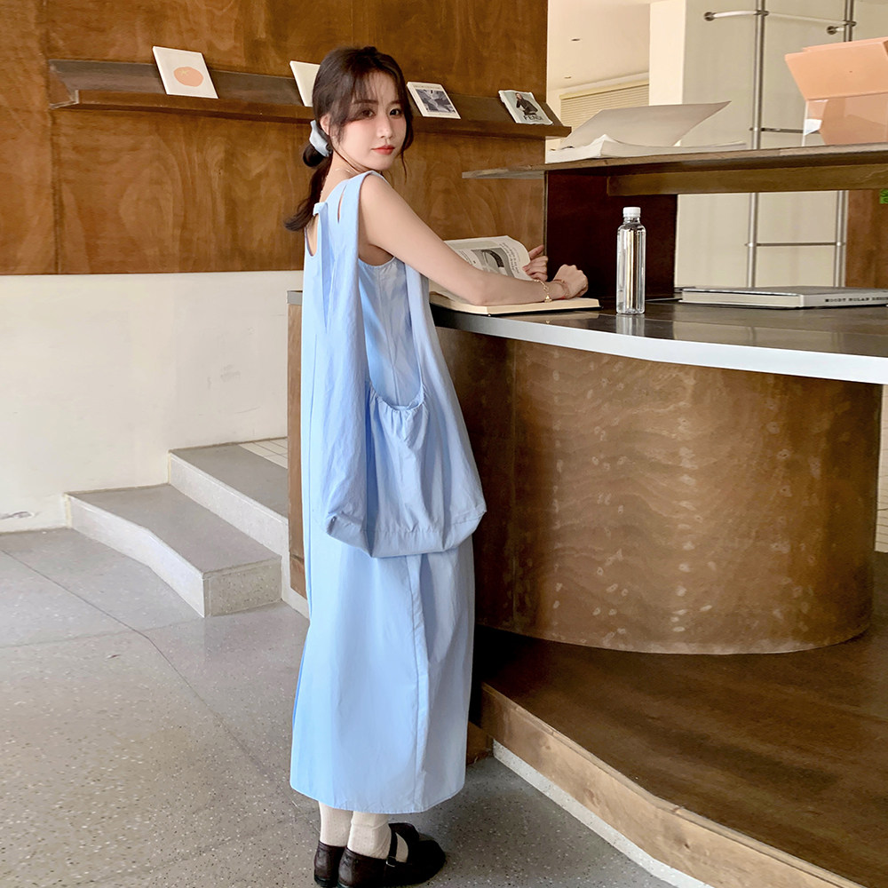 蓝色韩系简约休闲无袖连衣裙女2025夏季新款时尚松弛感时髦背心裙,女装连衣裙,2C135