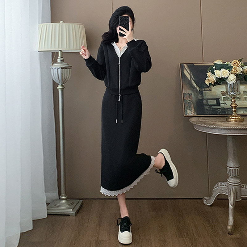 休闲时尚套装裙女春季新款连帽拉链短款碎花抽绳半身裙两件套潮流,女装套装/套裙,2C310