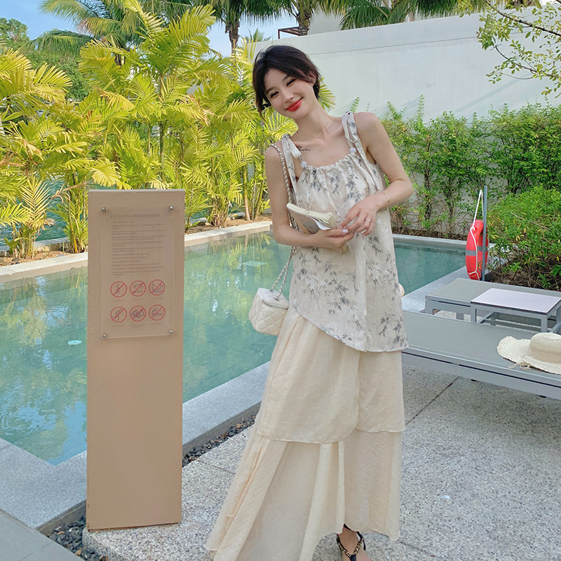 夏装新款-2C177-D17-P130-K198米杏色设计感显瘦吊带裙套装女2024，女装背心吊带，2C177