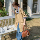 设计感卡其色细格拼接风衣外套女2025春季新款韩版宽松中长款大衣，女装风衣，2C159