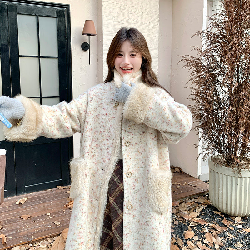 独特设计感碎花皮毛一体棉服外套女冬加绒加厚羊羔毛棉衣棉袄大衣,女装毛呢外套,2C073