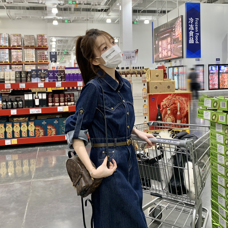 时髦复古牛仔连衣裙女2025春秋新款韩版收腰显瘦小个子百搭衬衫裙图片