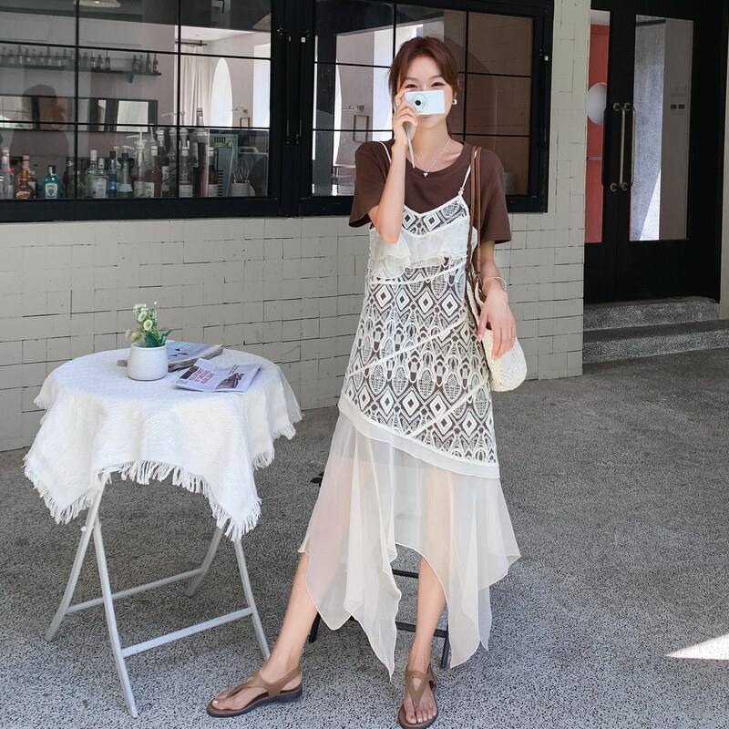 休闲T恤蕾丝吊带连衣裙套装女夏2025新款气质优雅爆款超好看长裙图片