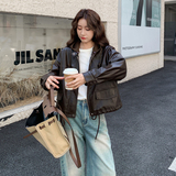 美式咖色针织连帽机车服短外套女春秋超火好看高级小众皮夹克上衣，女装皮衣，2C177