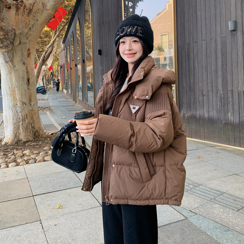 咖色短款连帽羽绒服女2024冬新款美拉德小个子加厚50白鸭绒外套,女装羽绒服,2C266