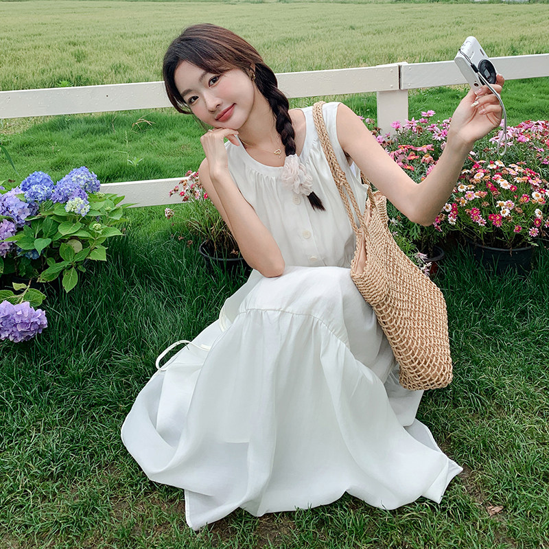 法式温柔风白色无袖连衣裙女2024夏季新款高级感宽松显瘦仙女裙子,女装连衣裙,2C107