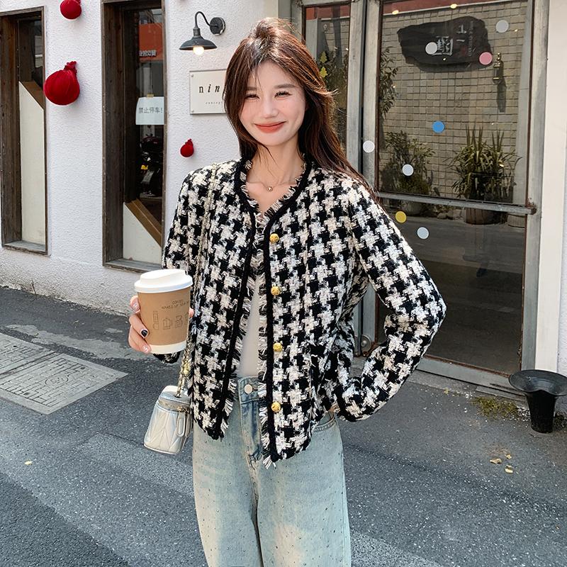 黑白千鸟格小香风短外套女2025春秋新款高级感小个子休闲短款上衣图片