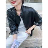 高级感格纹拼接黑色皮衣外套女春秋2025新款爆款巨好看PU夹克气质，女装皮衣，2C271