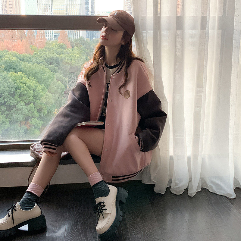 粉色美式复古拼接棒球服短款外套女春秋新款设计感小个子休闲上衣,女装短外套,2C170