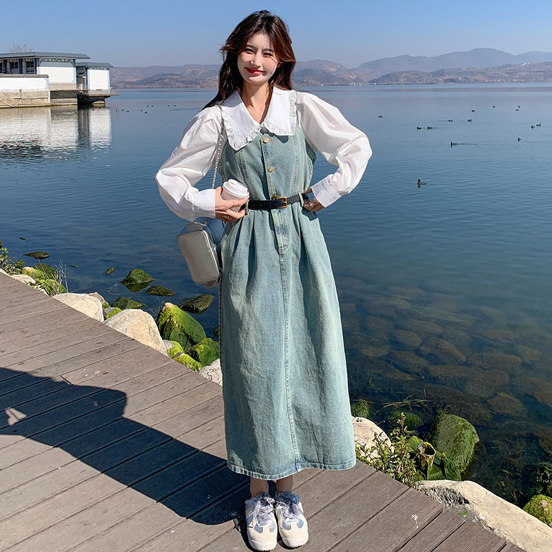 娃娃领衬衫牛仔背带裙套装女2025年秋季新款收腰设计感a字连衣裙,女装套装/套裙,2C159