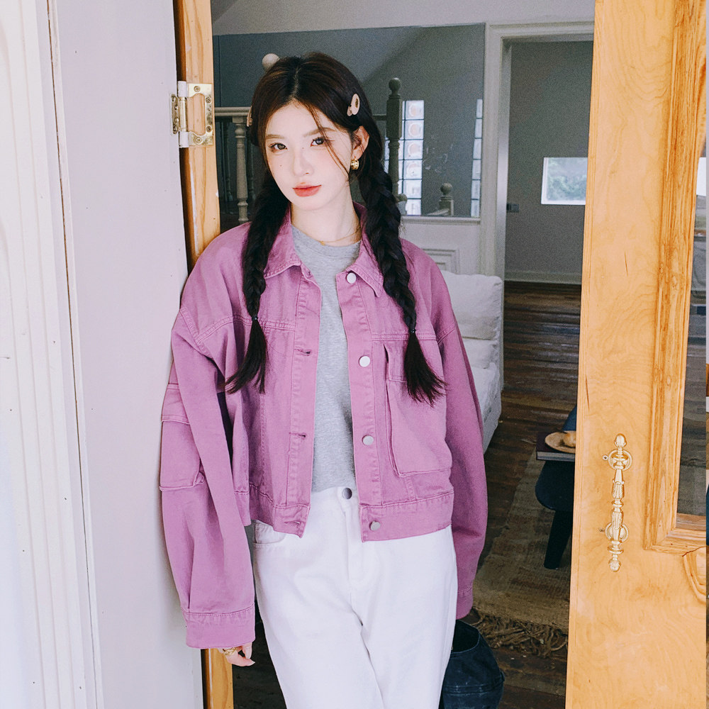 紫粉色复古减龄牛仔短外套女2025春秋季新款韩版休闲显瘦夹克上衣,女装短外套,2C137