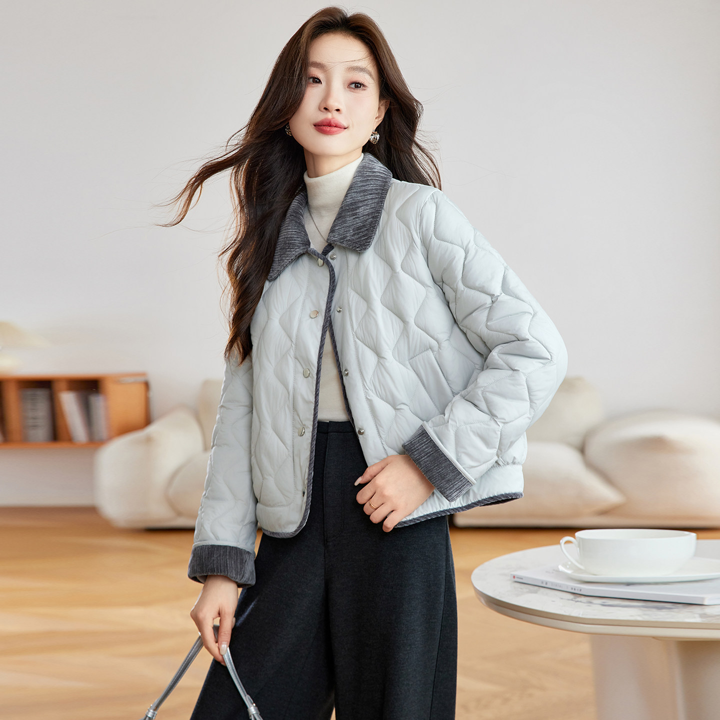 现货2025冬装新款时尚短款棉衣拼接外套修身显瘦百搭小个子女人味,女装棉衣/棉服,唯婧