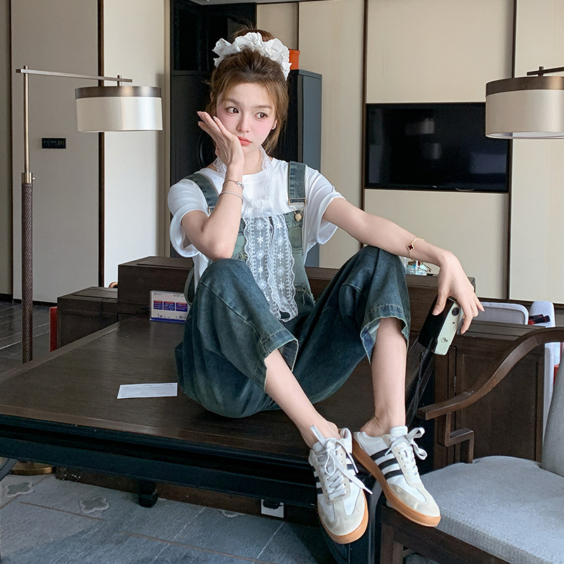 新款现货2025夏季牛仔背带裤+白T配蕾丝丝巾2C233-A031-P175-K259,女装套装/套裙,2C233