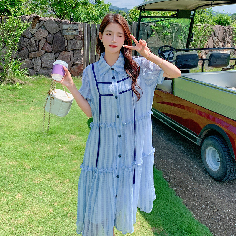 蓝色条纹衬衫连衣裙女2025夏季新款设计感小众宽松减龄小个子裙子,女装连衣裙,2C018