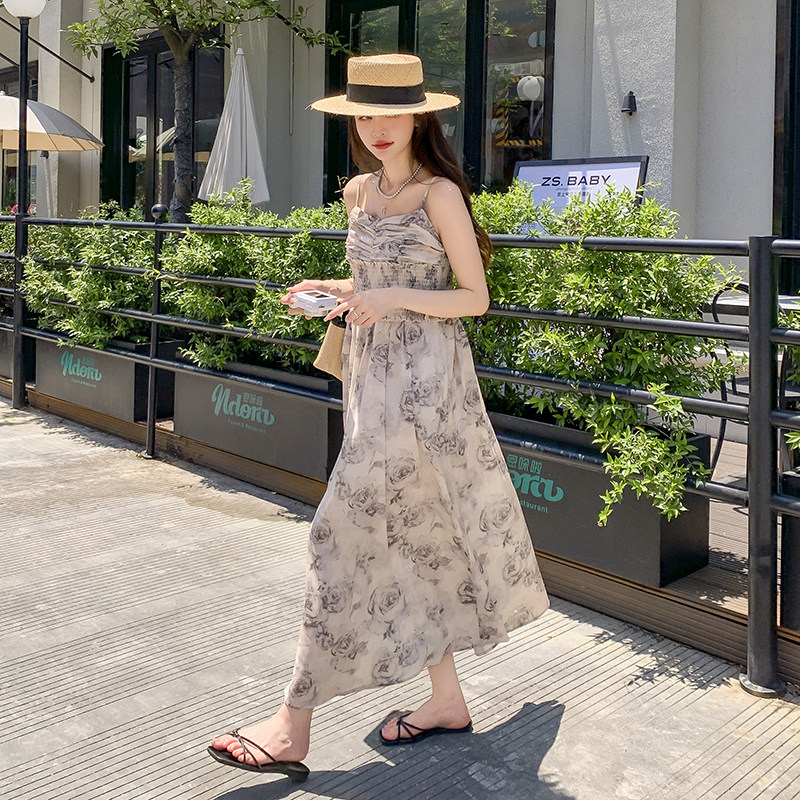法式水墨印花气质吊带连衣裙女2025夏季新款韩版收腰显瘦复古长裙,女装连衣裙,2C222