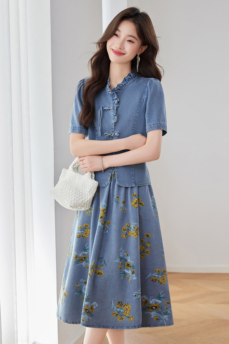 夏装薄款休闲牛仔套装裙女2025新款时尚通勤气质显瘦高级套两件套,女装套装/套裙,锦绣伊人