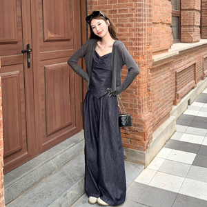 韩系气质通勤休闲风开衫套装女2026秋季新款吊带牛仔阔腿裤三件套图片