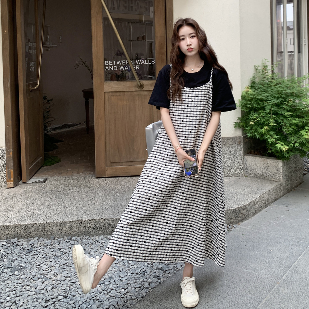 休闲吊带格子连衣裙T恤两件套女2025夏季新款宽松显瘦裙子套装,女装连衣裙,2C275