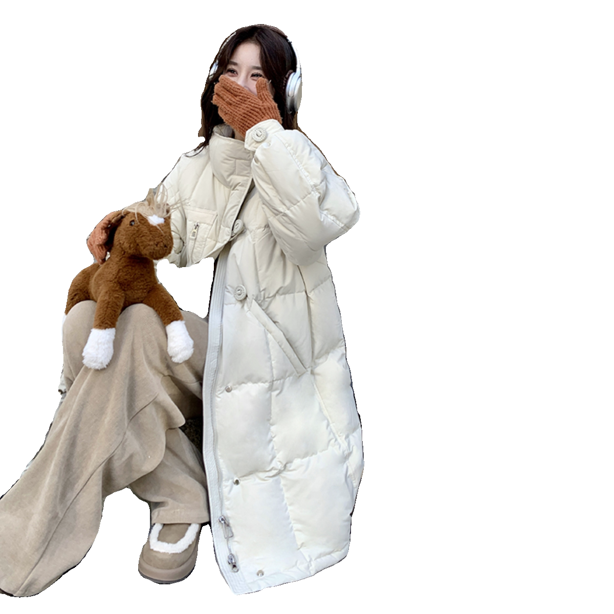 米白色韩版宽松羽绒服女2025冬季新款流行爆款过膝学生加厚面包服,女装羽绒服,2C075