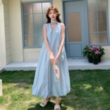2025年夏季法式浅蓝色无袖背心连衣裙女爆款海边度假风花苞背心裙，女装连衣裙，2C012