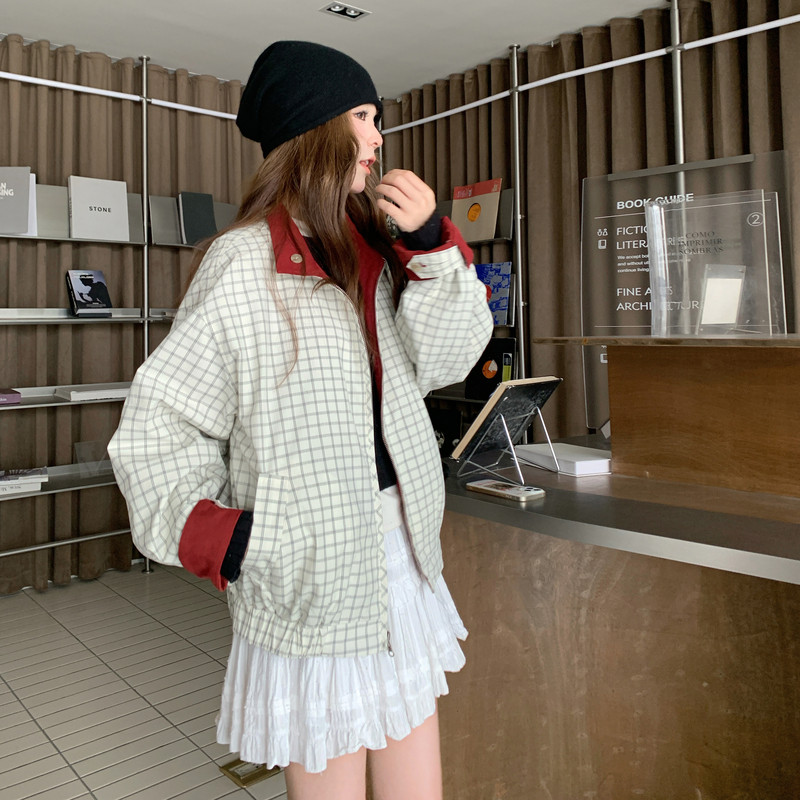 2905现货数据款定制面料经典格子两面穿工装夹克外套P195K288,女装短外套,2C225