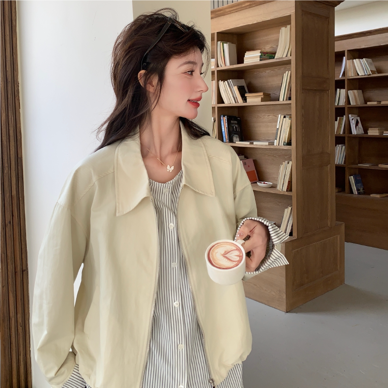 2025春季新款韩系复古条纹袖口翻领拉链短皮外套今年流行假两件女,女装短外套,2D146