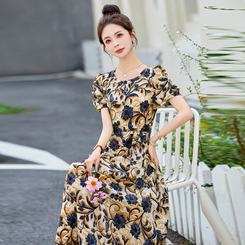 法式复古碎花连衣裙女2025夏新款洋气妈妈气质收腰显瘦中长款裙子,女装连衣裙,吾爱衣