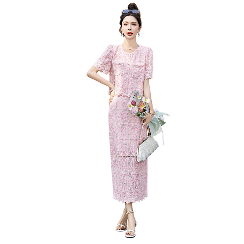小香风粉色刺绣蕾丝套装裙女2025夏新款甜美超仙气质半身裙两件套,女装套装/套裙,奕可儿