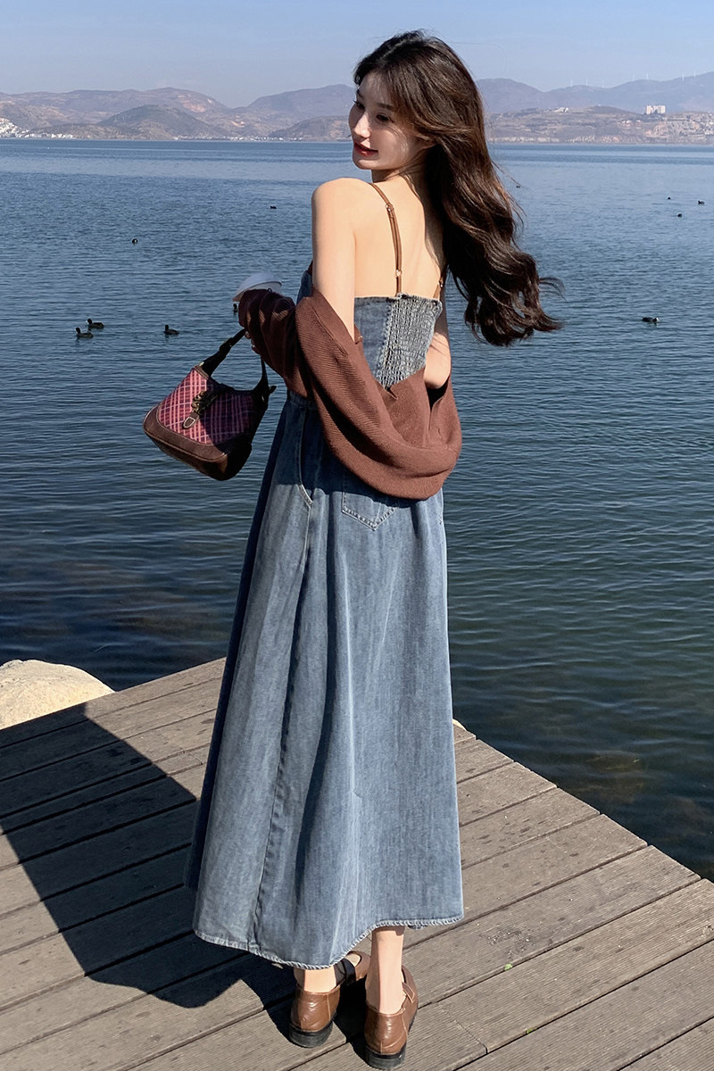 2025年春秋季新款韩版显瘦针织马甲开衫两件套装吊带牛仔连衣裙女,女装套装/套裙,2C057