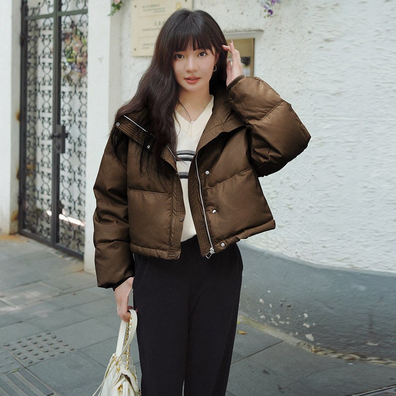 韩版PU皮小个子立领羽绒服短款白鸭绒外套2025年新款L207P200K299,女装羽绒服,2C220