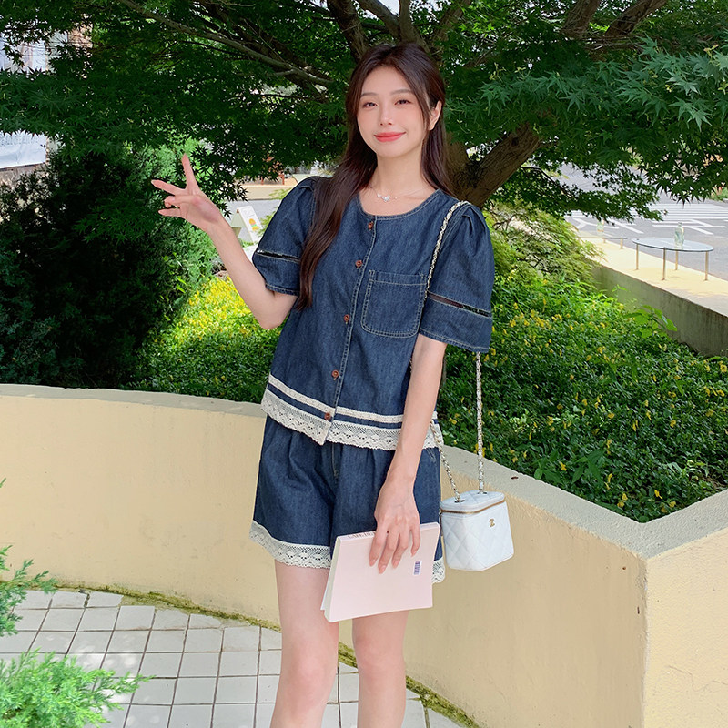 网红炸街复古蓝色牛仔套装女夏2025新款小个子蕾丝拼接短裤两件套,女装套装/套裙,2C098