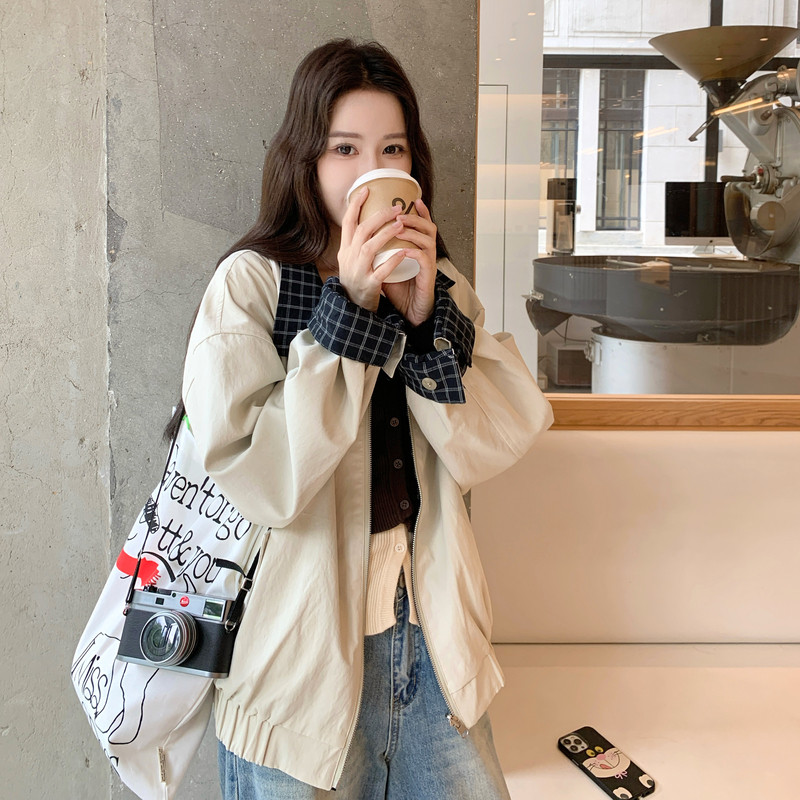 2909定制面料经典格子两面穿宽松版工装夹克外套P195K288,女装短外套,2C225