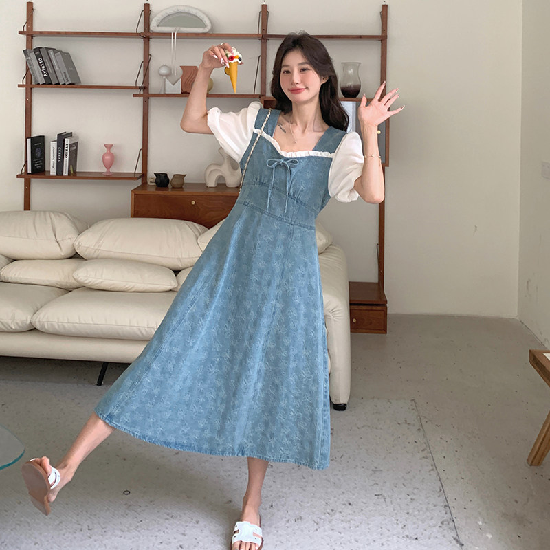 高级感气质牛仔拼接连衣裙女2025夏季新款韩版收腰显瘦别致长裙子,女装连衣裙,2C018