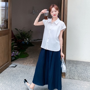韩版白色短袖衬衫高腰半身裙套装女2025年夏季新款减龄通勤两件套图片