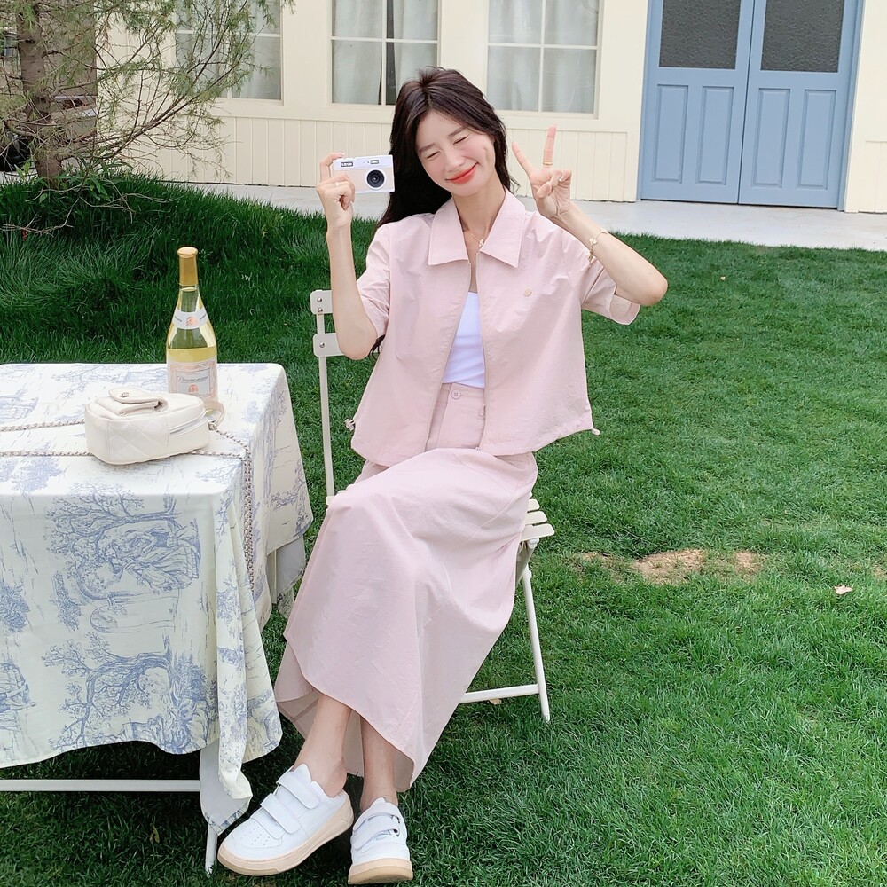 粉色日系文艺慵懒风穿搭女2025夏季新款减龄工装上衣半身裙两件套,女装套装/套裙,2C277
