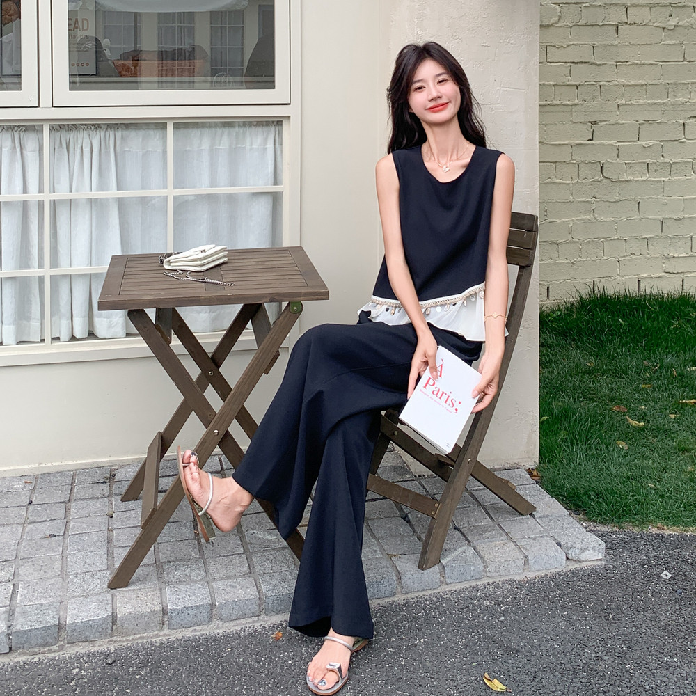 撞色拼接无袖背心休闲裤套装女夏2025新款显瘦又酷又飒穿搭两件套,女装套装/套裙,2C166