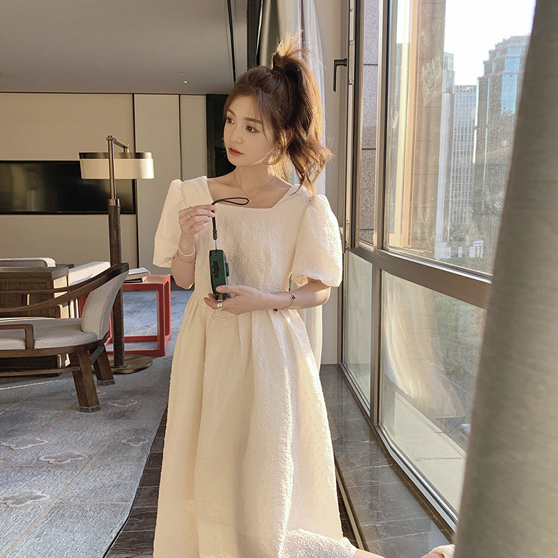 法式宫廷风泡泡袖连衣裙女2025年夏季新款复古方领高腰显瘦公主裙图片